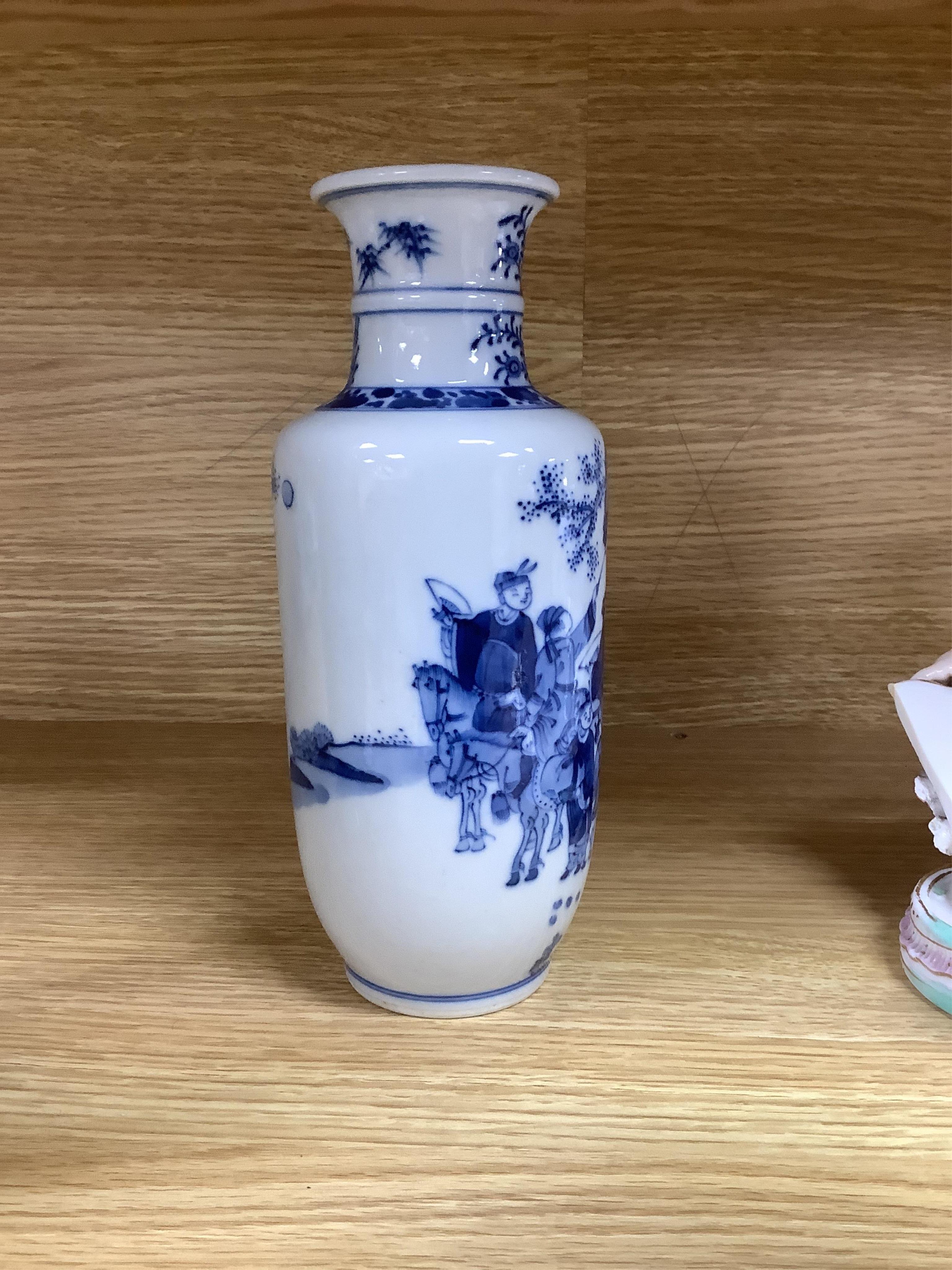 A Chinese blue and white vase and an enamelled figurative porcelain example, tallest enamel vase 29cm high. Condition - good